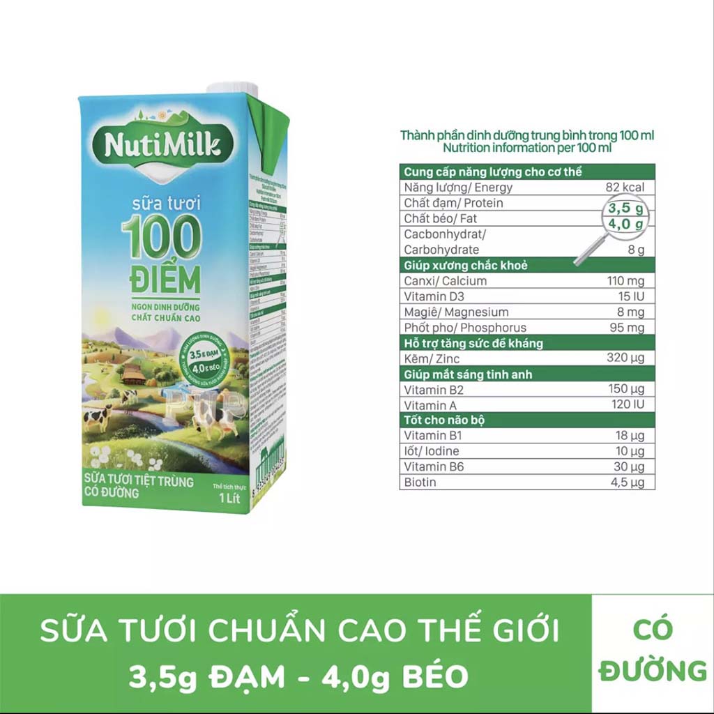 3 hộp Sữa Tươi Tiệt Trùng 100 Điểm Có Đường Nutimilk 1 lít