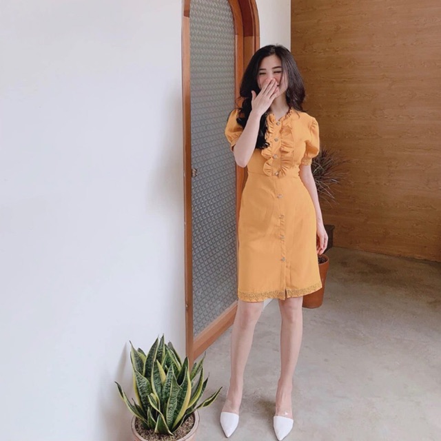 Đầm dáng xòe tay con phối nút nhún bèo [N2801]