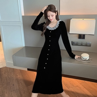 Đầm Nhung Đen Tay Dài Phối Ren