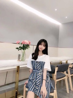 [Sẵn] Set váy/ áo + yếm kẻ xanh [ảnh thật ở cuối]