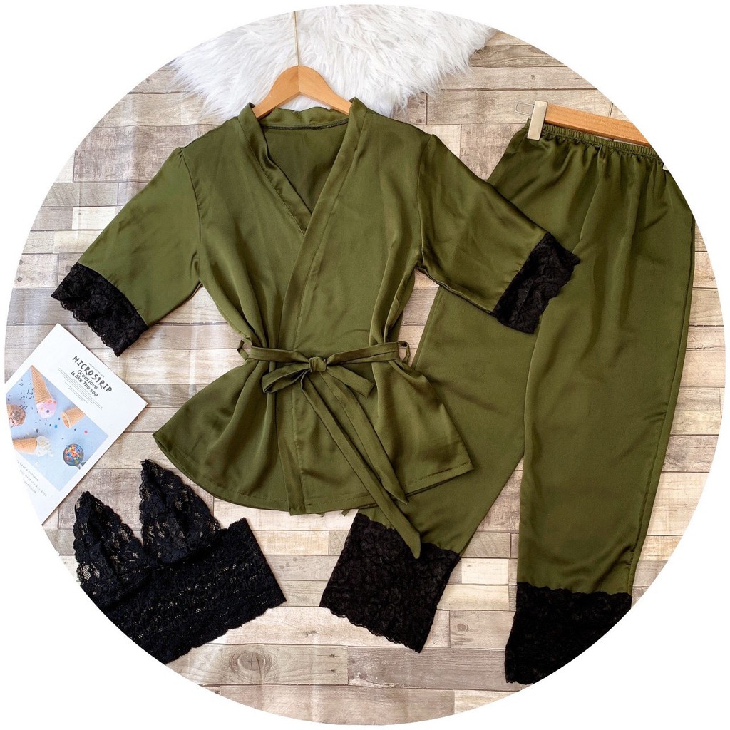 Đồ ngủ kèm áo khoác, áo bra ren trong lụa satin cao cấp