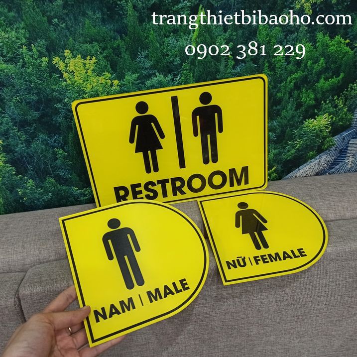 Biển báo nhà vệ sinh Restrom nam nữ chất liệu mica dán decal - hình thật