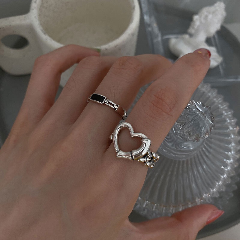 2 Nhẫn MANYUE dạng hở mặt hình trái tim/ chữ nhật thời trang Hàn Quốc cho nữ