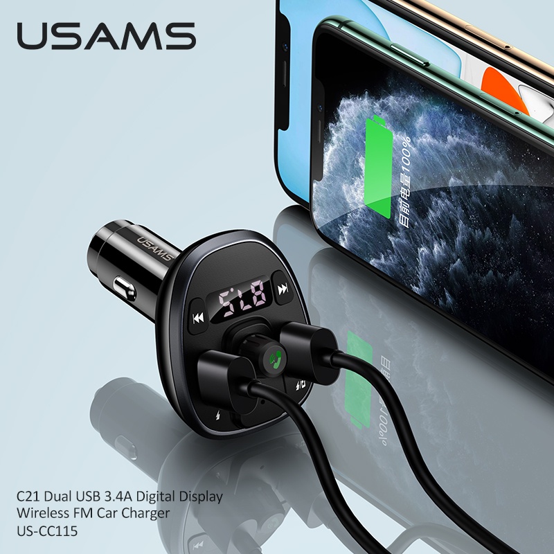 Tẩu sạc nhanh ô tô C21 FM Kết Nối Bluetooth 5.0 Hai Cổng USB 3.4A Rảnh Tay Dùng Trong Xe Hơ Thiết Bị Phát Són