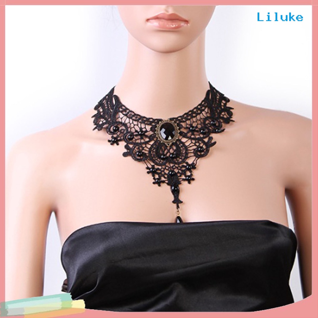 Vòng Cổ Choker Ren Màu Đen Đính Hạt Xinh Xắn Cho Nữ