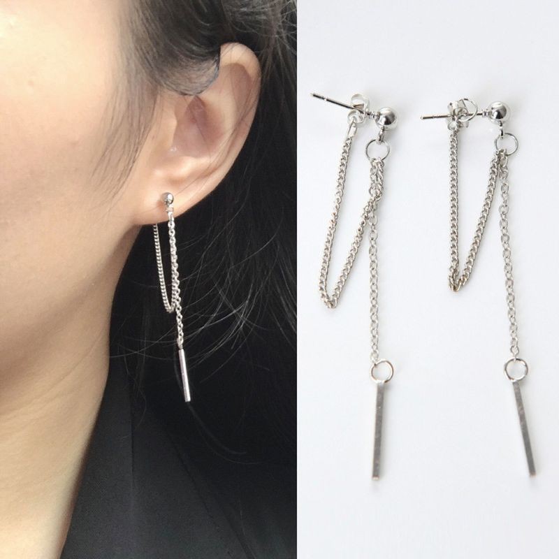 HAP  Sliver Double Tassel Chain Bar Dangle Drop Earring Kpop Korean Fashion Jewelry