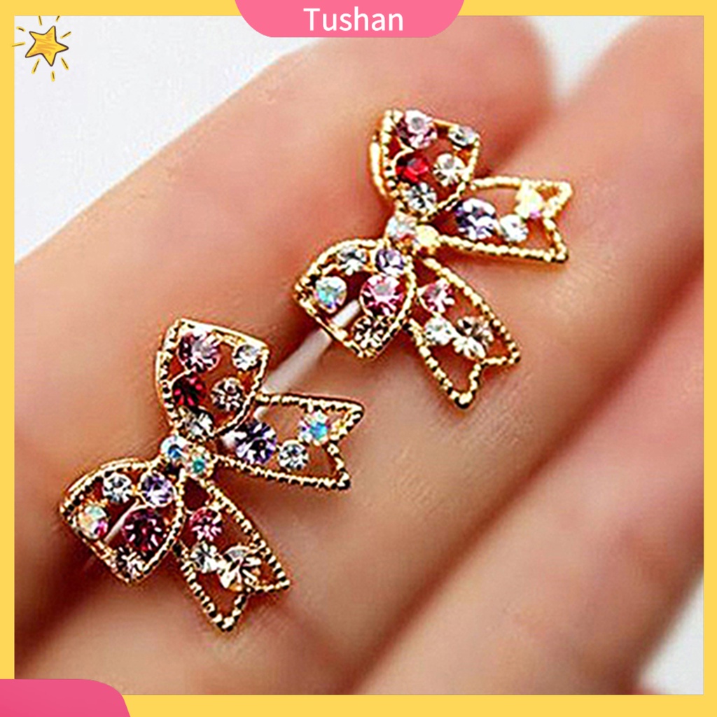 Bông tai kim loại hình nơ đính đá xinh xắn dành cho nữ
