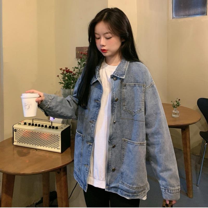 Áo Khoác Denim Tay Dài Dáng Rộng Phong Cách Hàn Quốc Thời Trang Xuân Thu Cho Nữ