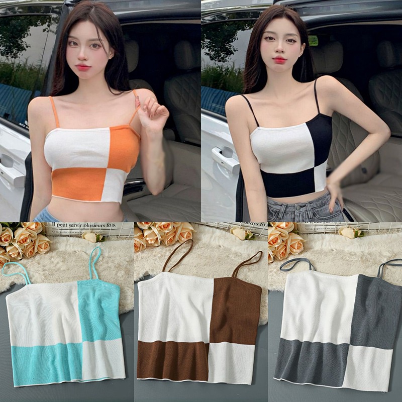 Áo Croptop Dệt Kim Hai Dây Dáng Ôm Kẻ Sọc Màu Sắc Tương Phản Phong Cách Hàn Quốc Thời Trang Cho Nữ