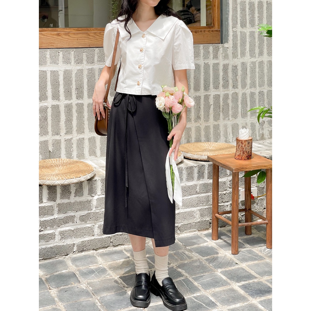 Chân váy dáng dài xẻ nữ mix nơ đen MADELEN
