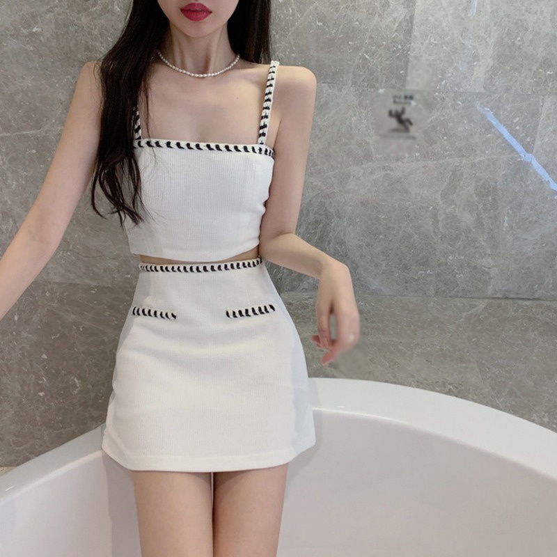 Bộ Áo Croptop Không Tay + Chân Váy Lưng Cao Dáng Ôm Gợi Cảm Thời Trang Hàn Quốc Cho Nữ