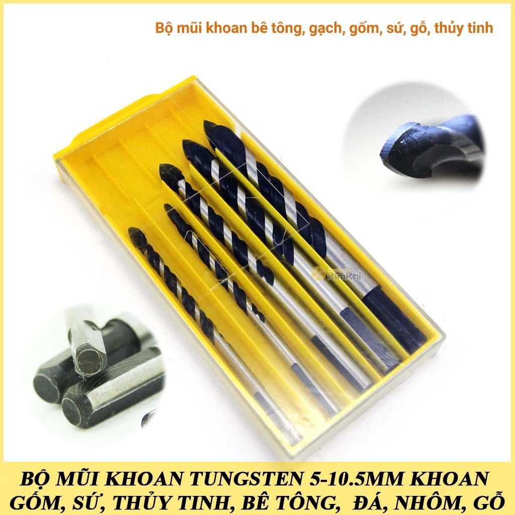 Bộ 5 mũi khoan đa năng mũi thép Tungsten 5-10.5mm khoan trên gạch,gốm,sứ,thủy tinh,bê tông,tường xi măng,đá,nhôm,gỗ