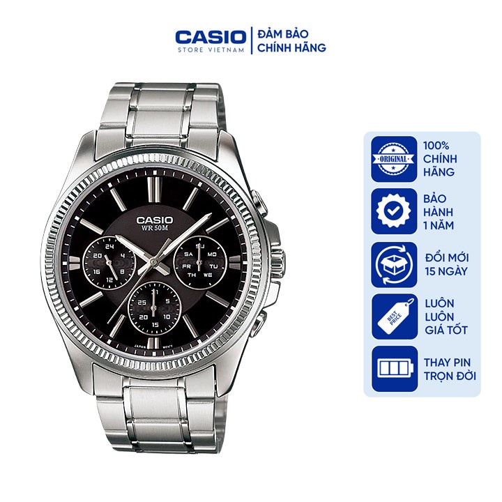 Đồng hồ Nam Casio MTP-1375D-1AV, đồng hồ chính hãng, dây bạc mặt đen kiểu dáng thể thao chạy 6 kim
