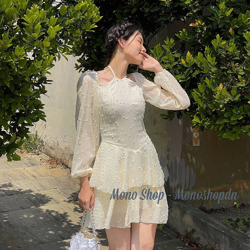 Đầm cổ yếm voan ren hạt tiểu thư dài tay 2 tầng tay bồng Ảnh thật/ sẵn | BigBuy360 - bigbuy360.vn