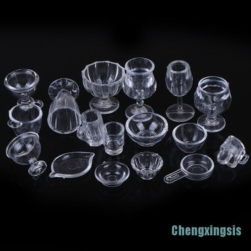 Set 17 mô hình dụng cụ bàn ăn đồ chơi mini trong suốt đóng vai tỉ lệ 1:12 dành cho nhà búp bê