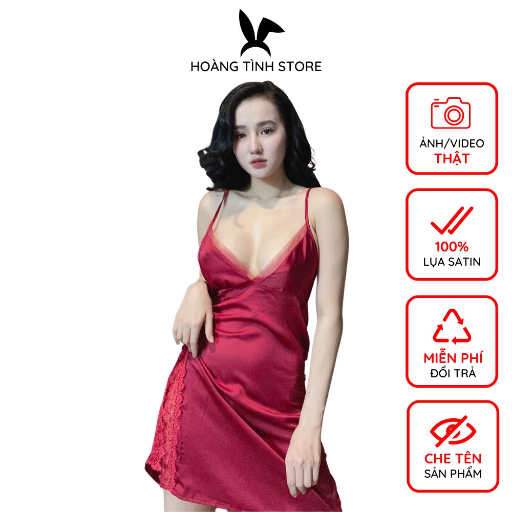 Đầm ngủ sexy 2 dây phối ren eo, ngực phối lưới gợi cảm - hàng cao cấp lụa satin cao cấp mềm mại quyến rũ Freesize -S003