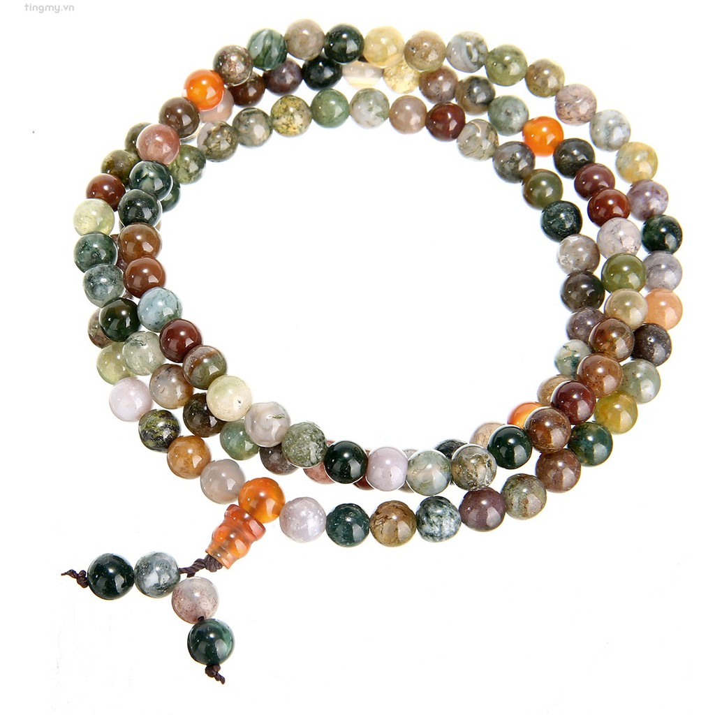 Vòng tay chuỗi 108 hạt đá mã não 6mm phong cách Phật Giáo Tây Tạng