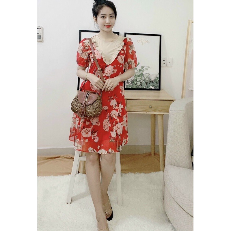 Đầm VINTAGE 2 Tầng Tay Ngắn Cổ Tròn Cao Cấp - Váy Tầng Chất Liệu VOAN Lụa Phối Họa Tiết Hoa cỏ mùa xuân