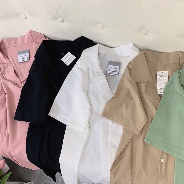 Áo sơ mi tay ngắn cổ vest nữ form rộng đẹp freesize hàn quốc trắng đen kem xanh hồng vintage học sinh công sở hàn quốc