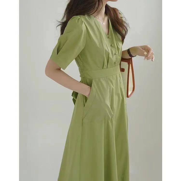 Đầm Midi Dáng Chữ A Tay Ngắn Cổ Chữ V Màu Xanh Lá Phong Cách Retro