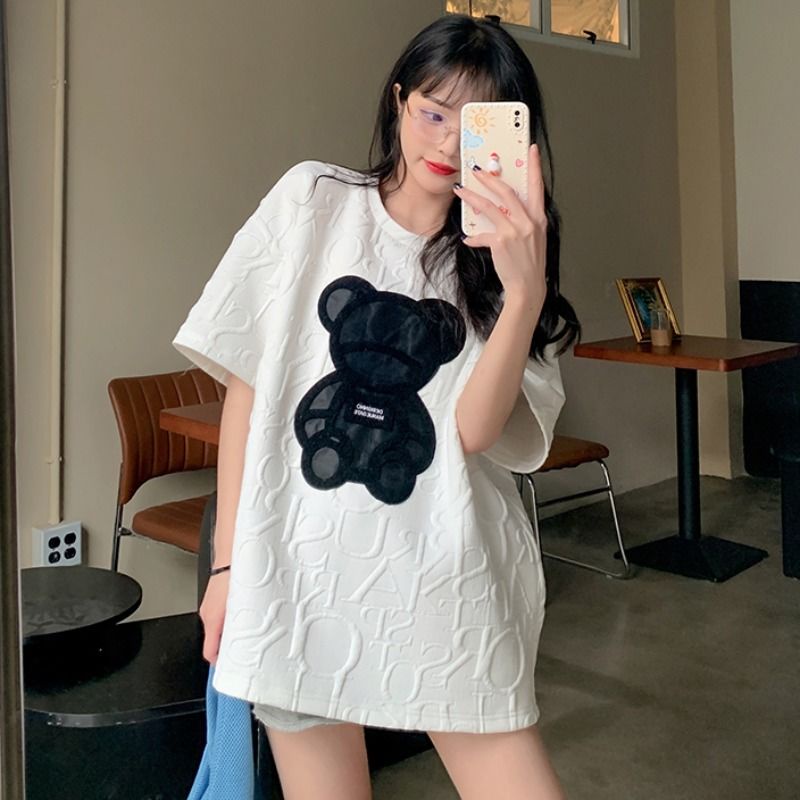 Jiashucheng Áo Thun Tay Ngắn Cổ Tròn In Hình Gấu Hoạt Hình Phong Cách Hàn Quốc Thời Trang Mùa Hè 2023 Cho Nữ