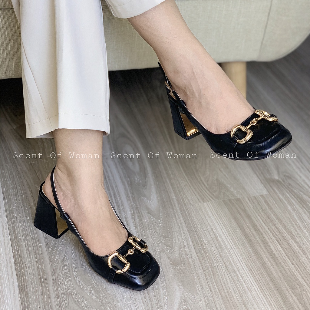 Giày cao gót nữ dáng Slingback mũi vuông gắn khoá thời trang gót trụ cao 7.5cm