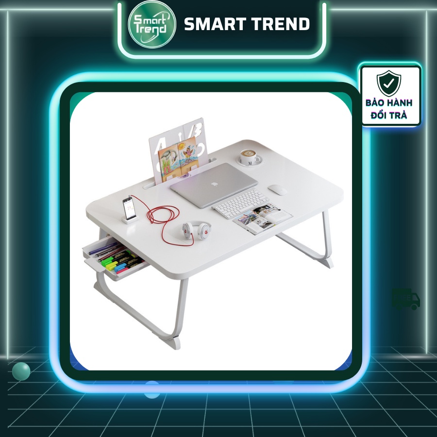 Bàn học gấp gọn màu trắng, bàn làm việc thông minh kê latop có hộc đựng bút SMART TREND bảo hảnh 1 đổi 1