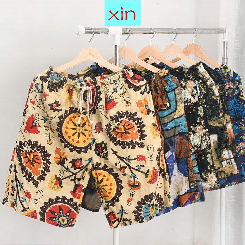 Quần short đi biển vải lanh cotton dáng rộng in họa tiết thời trang mùa hè cho nam