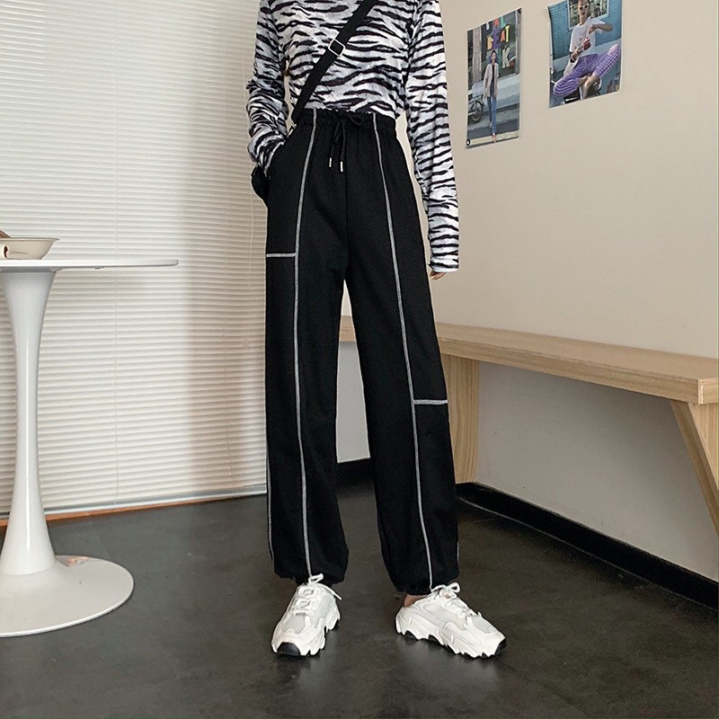 Quần jogger ống rộng cạp cao họa tiết viền chỉ trắng dáng suông phong cách ulzzang_ranstore | BigBuy360 - bigbuy360.vn