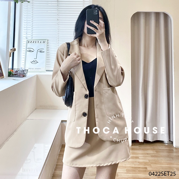 Set áo khoác vest 2 túi phối chân váy lưng thun THOCA HOUSE vải dày đi làm, đi học freesize dưới 56kg