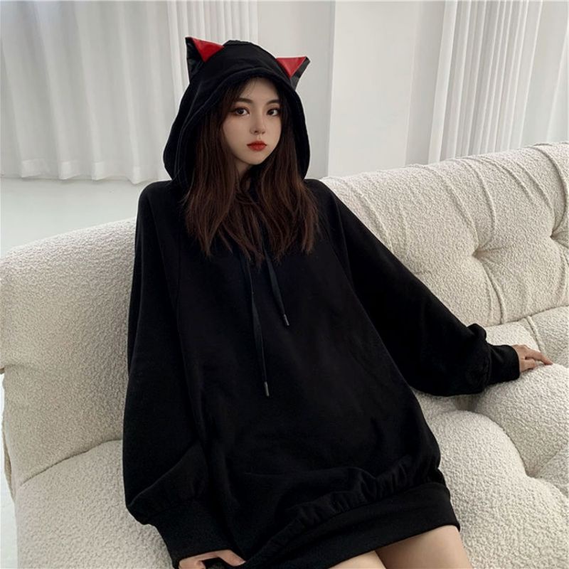 Áo nỉ hoodie tai mèo đỏ đen unisex nam nữ đáng yêu cá tính