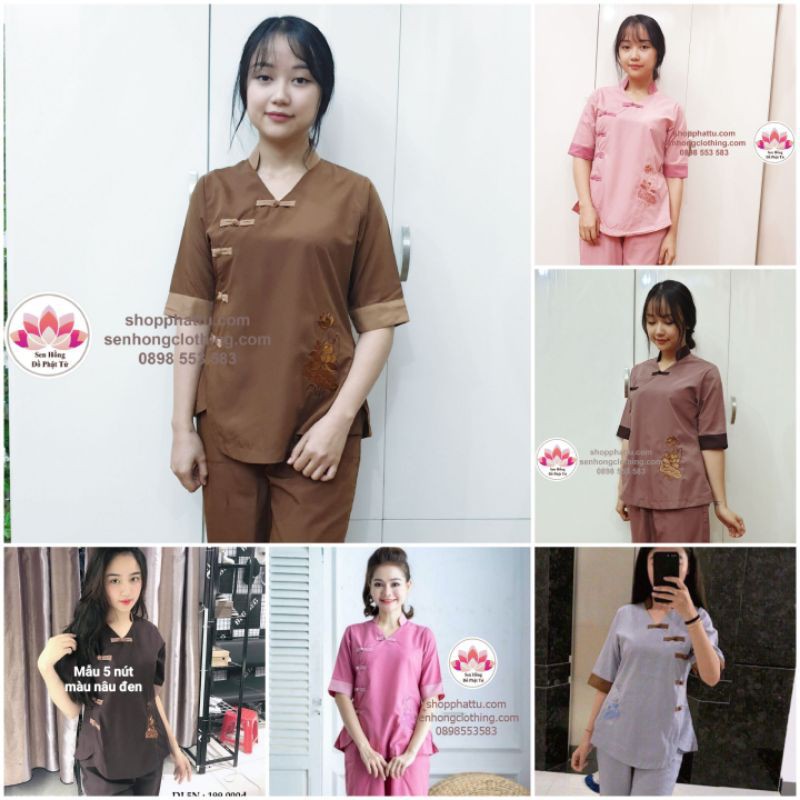 👣👣 Quần áo Phật tử nữ đẹp đài loan 5 nút - set đồ áo lam đi chùa big size 80kg