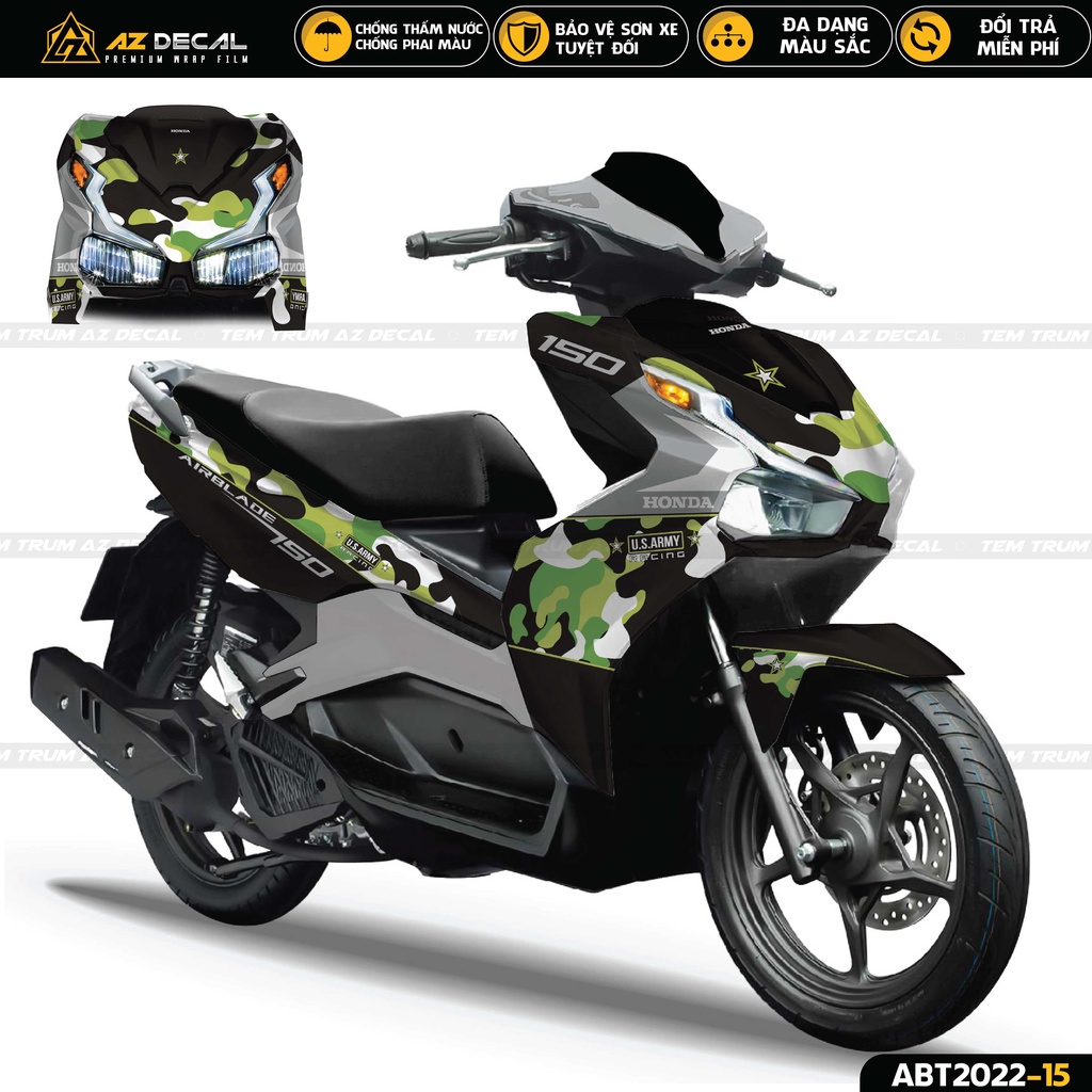 Tem Trùm Xe Airblade Phong Cách Camo Đẹp | ABT2022-15 | Decal Dán Xe AB Đẹp Đen Đỏ, Đen Trắng, Đen Xanh