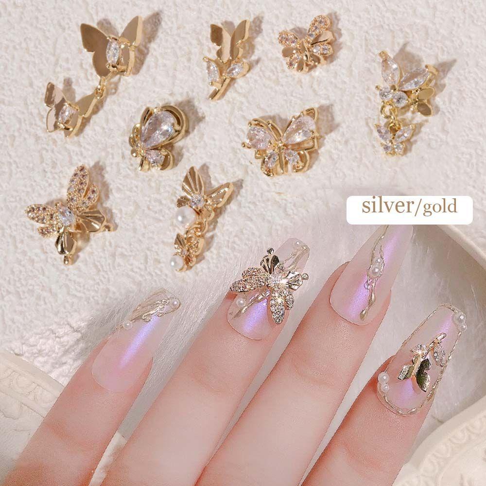 [Hàng mới về] Phụ kiện đính móng trang trí hình bướm bằng kim loại đính đá zircon ngọc trai giả lấp lánh sang trọng