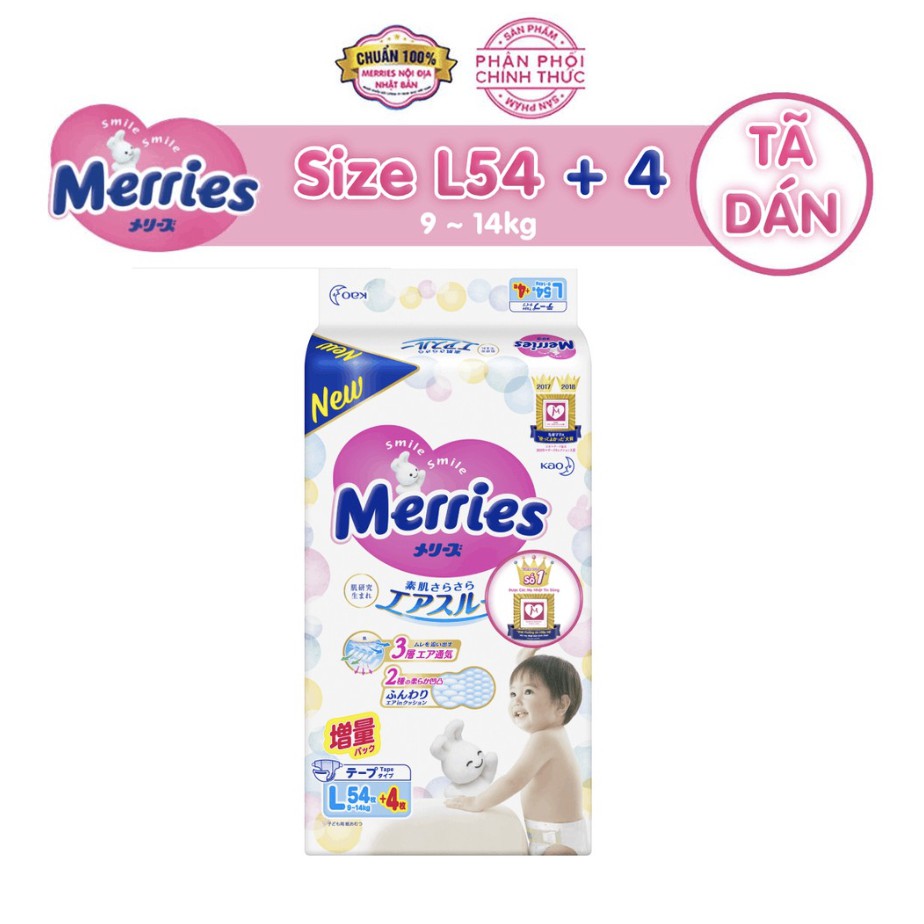 Tã/bỉm dán Merries size L - 54 + 4 miếng