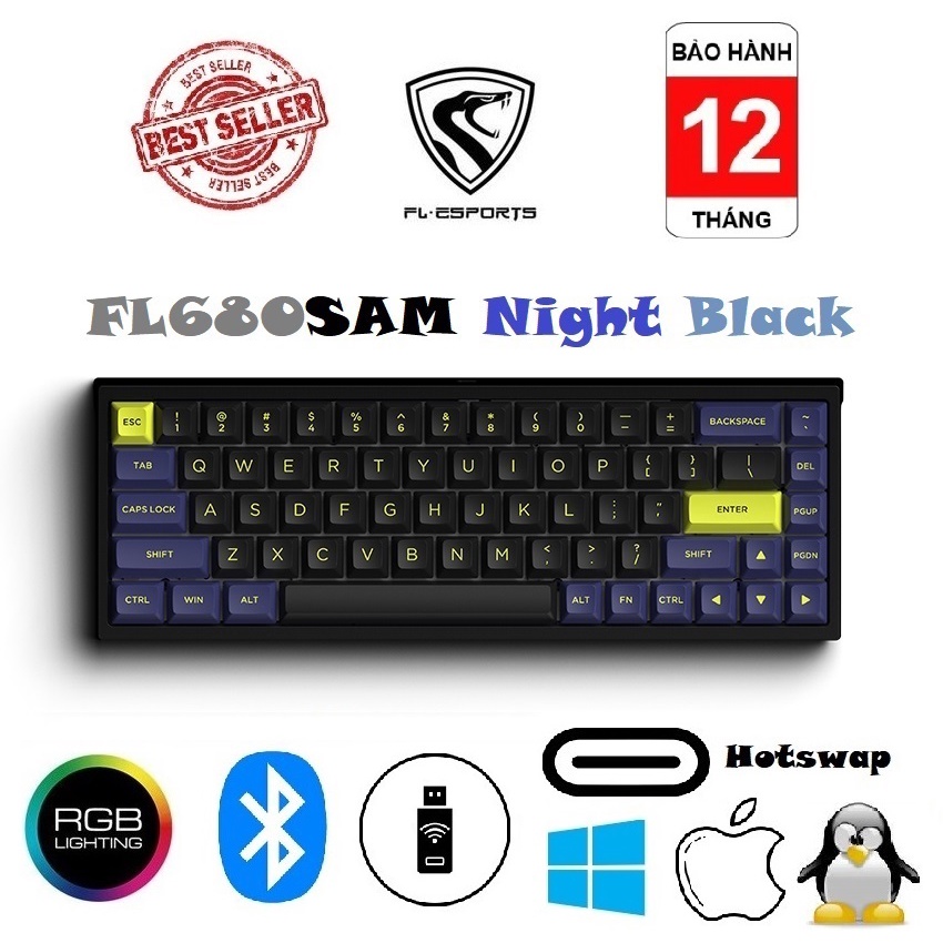 Phím cơ FL-Esports FL680 SAM Night Black RGB/ Bluetooth / Wireless 2.4Ghz / Gateron Cap