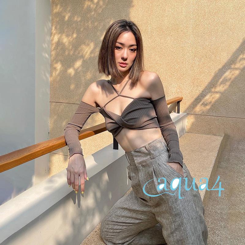 Áo Croptop Cổ Yếm Tay Dài Màu Sắc Trơn Thiết Kế Thắt Nút Độc Đáo Thời Trang Cho Nữ
