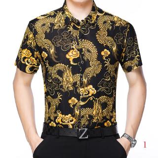 Áo Sơ Mi Nam Tay Ngắn In Hình Rồng Và Hoa Thời Trang