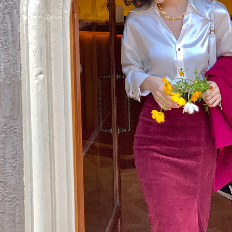 Chân váy nhung COZOK lưng cao xẻ tà phong cách vintage