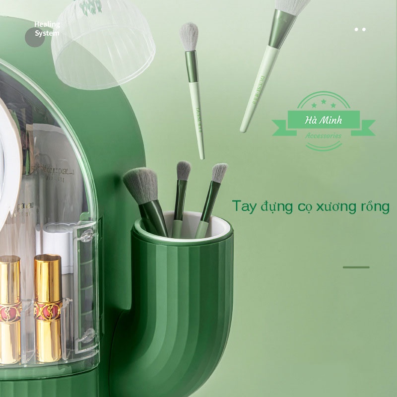 Hộp Đựng Mỹ Phẩm Dung Tích Lớn Để Bàn Có Gương LED Phong Cách Xương Rồng Sang Trọng