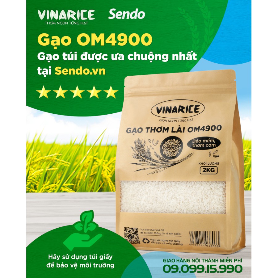 Gạo Thơm Lài OM4900 - Túi giấy 2kg bảo vệ môi trường
