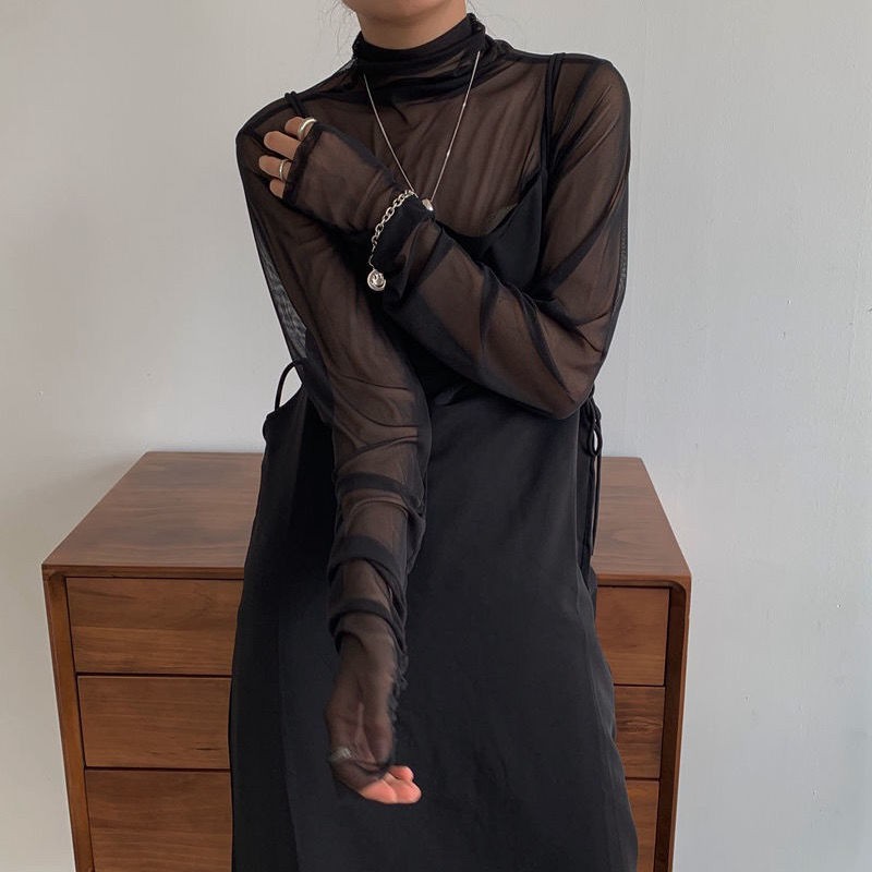 2023 summer new high-neck net gauze base shirt sun protection clothes thin long sleeve full with inner shirt women's net gauze top