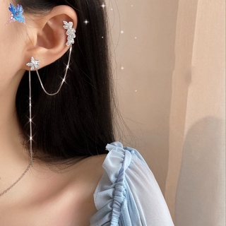 Khuyên kẹp vành tai hình hoa mạ vàng phối dây tua rua dài đính zircon