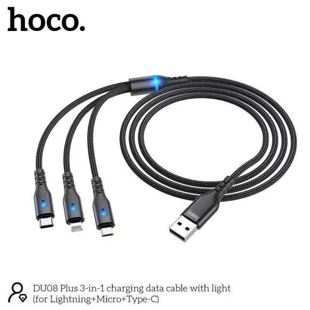 Cáp Sạc Dù Báo Đèn LED 3 Đầu Hoco DU08 3in1 Chính Hãng - Sạc Nhanh 2.4A/ Dài 1.2M