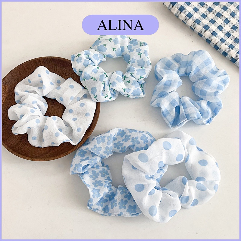 Dây Buộc Tóc Vải Hình Hoa Thêu, Cột Tóc Scrunchies Màu Pastel Xanh Hồng Dễ Thương Alina K4-V005