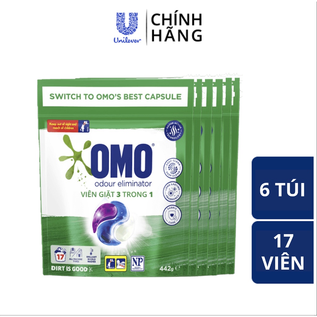 Combo 6 Túi Viên Giặt Tiện Lợi OMO Công Nghệ Anh Quốc - Khử Mùi (17 Viên/Túi)