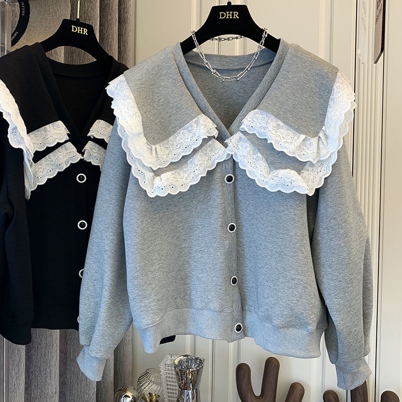 Áo sweater hai lớp cổ búp bê phối bèo dáng rộng phong cách quân đội Hàn Quốc thời trang cho nữ 2021 | BigBuy360 - bigbuy360.vn