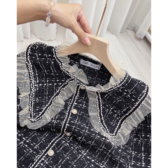 ÁO KHOÁC DẠ CARO TWEED PHỐI BÈO CÚC NGỌC SIÊU XINH XẮN / ÁO DẠ TWEED BÈO ĐEN | BigBuy360 - bigbuy360.vn