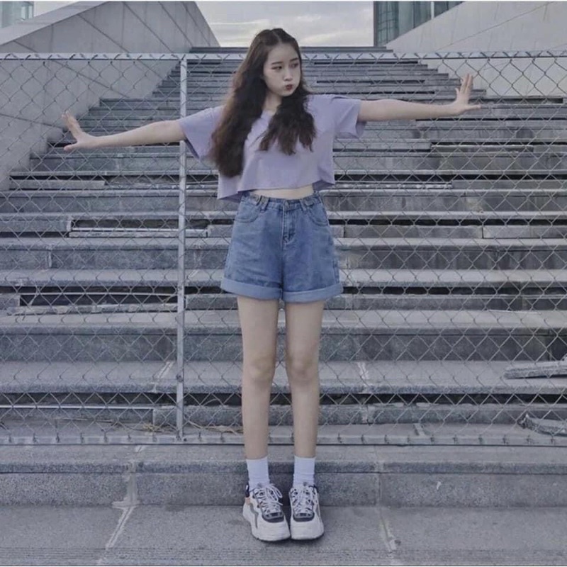 Quần Short Jeans Nữ Ống Rộng Ngố Bò Nút Hông có cúc eo, chất bò mềm mịn