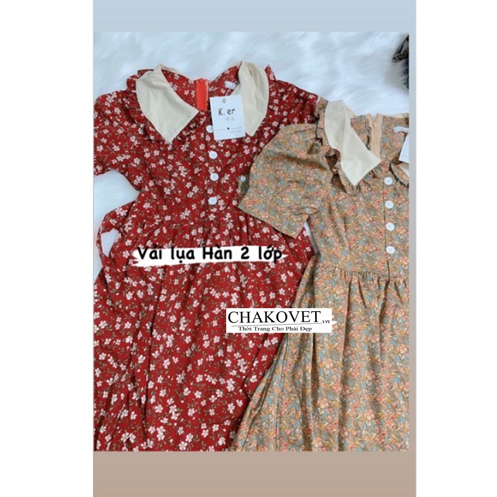 Váy babydoll hoa nhí phối cổ cộc tay, đầm dự tiệc hoa dáng xoè chiết eo đẹp, Váy hoa Vintage cổ sen Quý Tộc -ckv124